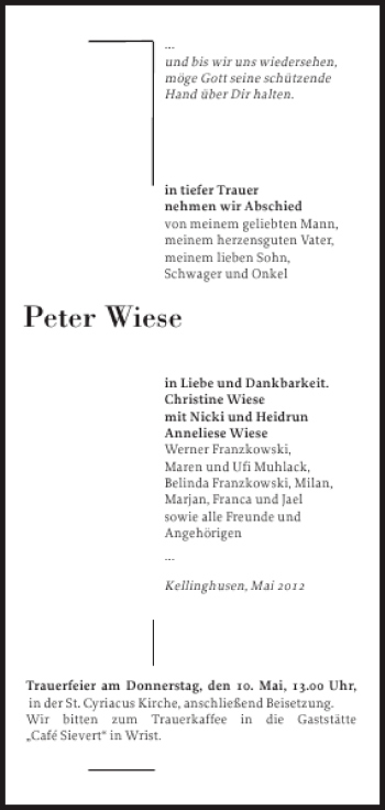 Traueranzeige von Peter Wiese von Norddeutsche Rundschau