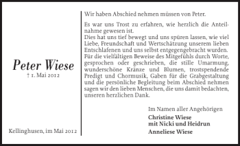 Traueranzeige von Peter Wiese von Norddeutsche Rundschau