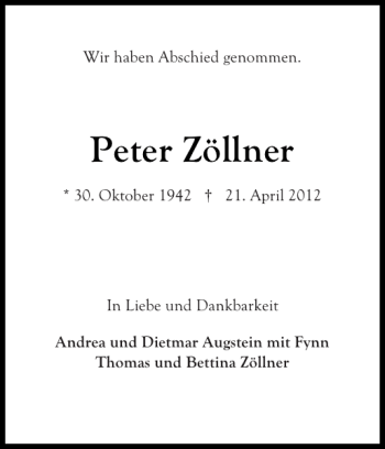 Traueranzeige von Peter Zöllner von Ostholsteiner Anzeiger