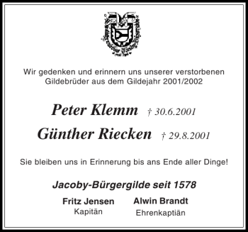 Traueranzeige von Peter Klemm Günther Riecken von Holsteinischer Courier