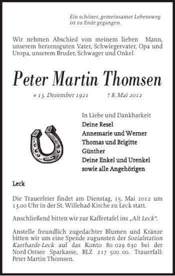 Traueranzeige von Peter Martin Thomsen von Nordfriesland Tageblatt