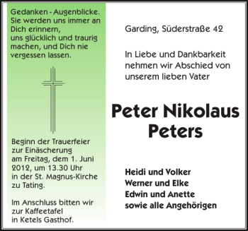 Traueranzeige von Peter Nikolaus Peters von Husumer Nachrichten