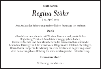 Traueranzeige von Regina Stöhr von Schleswiger Nachrichten