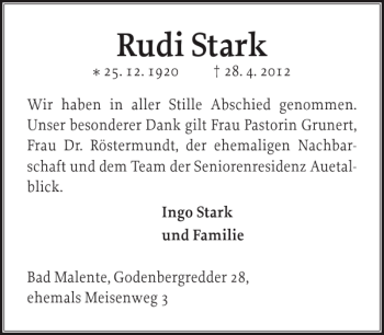Traueranzeige von Rudi Stark von Ostholsteiner Anzeiger