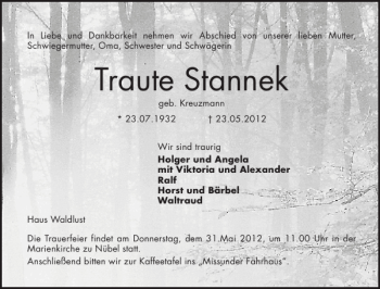Traueranzeige von Traute Stannek von Schleswiger Nachrichten