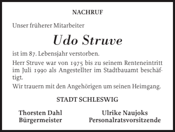 Traueranzeige von Udo Struve von Schleswiger Nachrichten