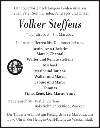 Traueranzeige von Volker Steffens von Norddeutsche Rundschau