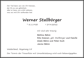 Traueranzeige von Werner Stallbörger von Sylter Rundschau