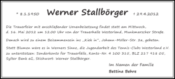 Traueranzeige von Werner Stallbörger von Sylter Rundschau