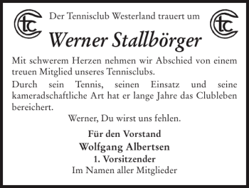 Traueranzeige von Werner Stallbörger von Sylter Rundschau