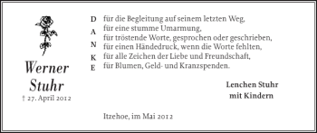 Traueranzeige von Werner Stuhr von Norddeutsche Rundschau