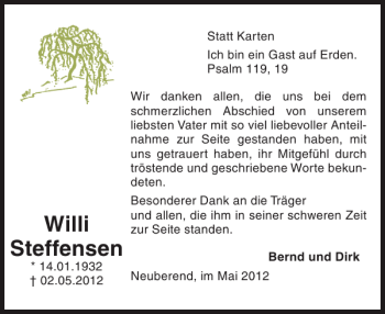 Traueranzeige von Willi Steffensen von Schleswiger Nachrichten