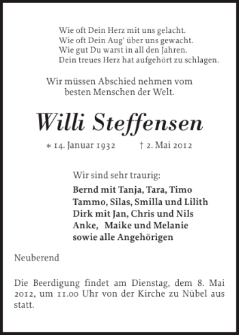 Traueranzeige von Willi Steffensen von Schleswiger Nachrichten