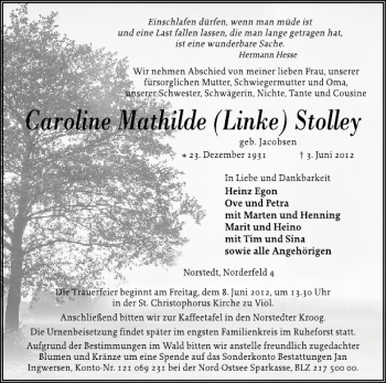 Traueranzeige von Caroline Mathilde (Linke) Stolley von Husumer Nachrichten