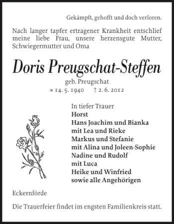Traueranzeige von DorisPreugschat-Steffen  von Eckernförder Zeitung