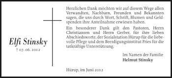 Traueranzeige von Elfi Stinsky von Flensburger Tageblatt