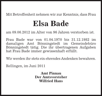Traueranzeige von Elsa Bade von Pinneberger Tageblatt