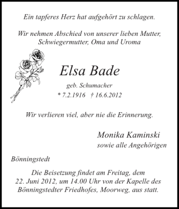Traueranzeige von Elsa Bade von Pinneberger Tageblatt
