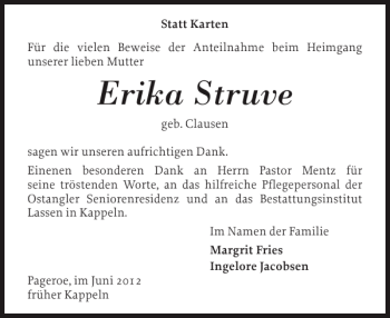 Traueranzeige von Erika Struve von Flensburger Tageblatt
