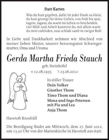 Traueranzeige von Gerda Martha Frieda Stauch von Flensburger Tageblatt