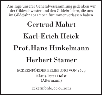 Traueranzeige von Gertrud MahrtKarl-Erich Heick Prof.Hans Hinkelmann Herbert Stamer  von Eckernförder Zeitung