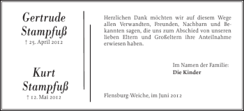 Traueranzeige von Gertrude Stampfuß Kurt Stampfuß von Flensburger Tageblatt