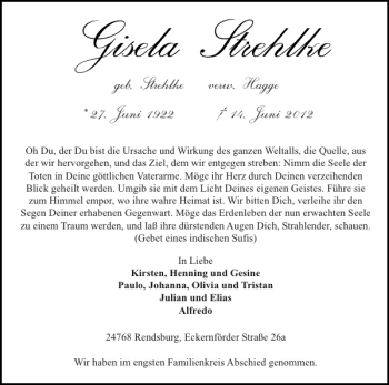 Traueranzeige von Gisela Strehlke von Landeszeitung