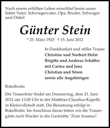 Traueranzeige von Günter Stein von Landeszeitung