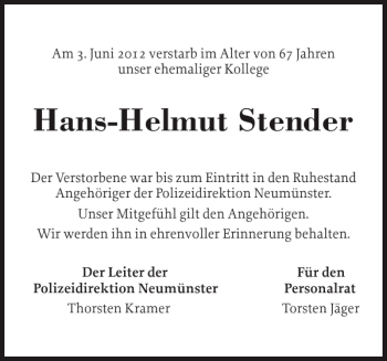 Traueranzeige von Hans-Helmut Stender von Holsteinischer Courier