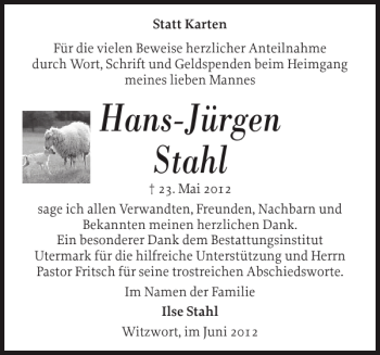 Traueranzeige von Hans-Jürgen Stahl von Husumer Nachrichten