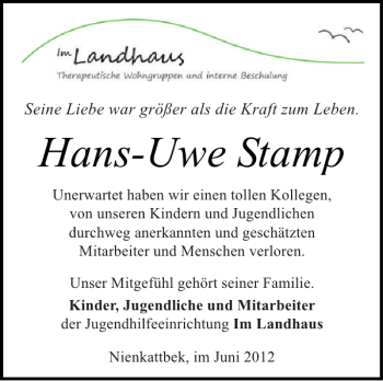 Traueranzeige von Hans-Uwe Stamp von Landeszeitung