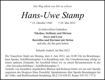 Traueranzeige von Hans-Uwe Stamp von Landeszeitung