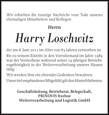 Traueranzeige von Harry Loschwitz von Norddeutsche Rundschau