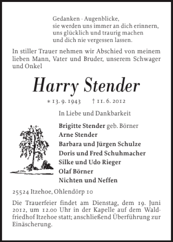 Traueranzeige von Harry Stender von Norddeutsche Rundschau
