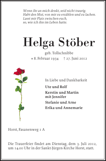 Traueranzeige von Helga Stöber von Norddeutsche Rundschau