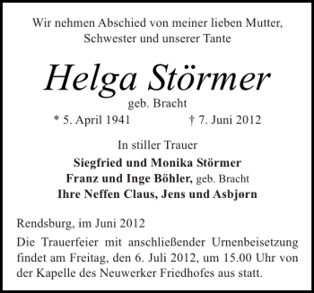 Traueranzeige von Helga Störmer von Landeszeitung