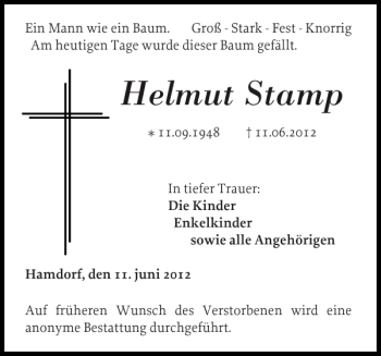 Traueranzeige von Helmut Stamp von Landeszeitung