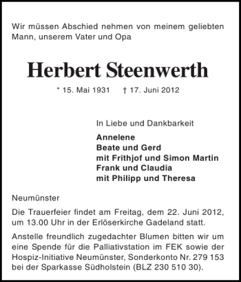 Traueranzeige von Herbert Steenwerth von Holsteinischer Courier