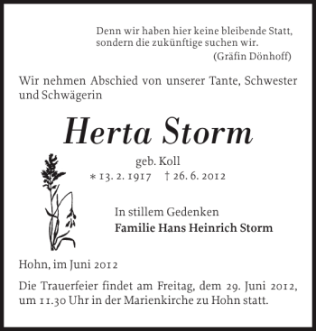 Traueranzeige von Herta Storm von Landeszeitung