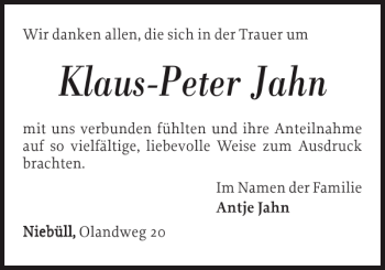 Traueranzeige von Klaus-Peter Jahn von Nordfriesland Tageblatt
