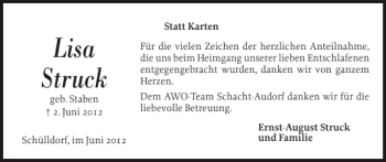 Traueranzeige von Lisa Struck von Landeszeitung
