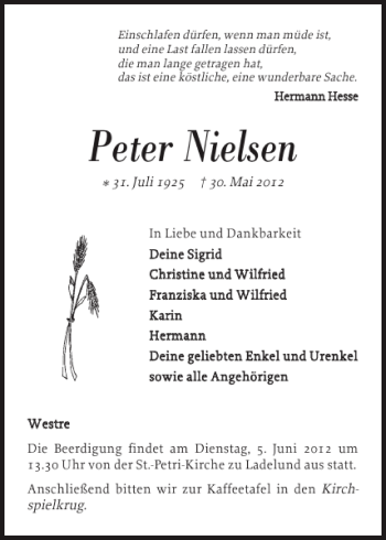 Traueranzeige von Peter Nielsen von Nordfriesland Tageblatt