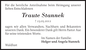 Traueranzeige von Traute Stannek von Schleswiger Nachrichten