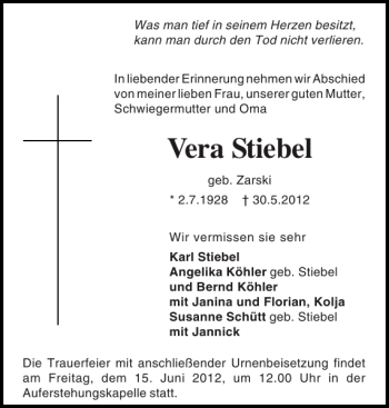 Traueranzeige von Vera Stiebel von Holsteinischer Courier
