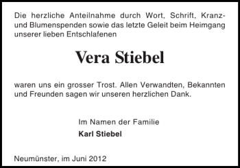 Traueranzeige von Vera Stiebel von Holsteinischer Courier