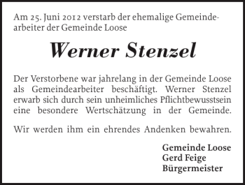 Traueranzeige von Werner Stenzel von Eckernförder Zeitung