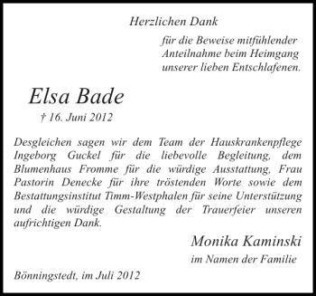 Traueranzeige von Elsa Bade von Pinneberger Tageblatt