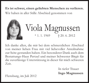 Traueranzeige von Viola Magnussen von Flensburger Tageblatt
