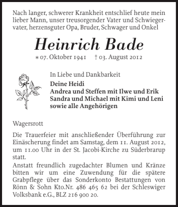 Traueranzeige von Heinrich Bade von Schleswiger Nachrichten