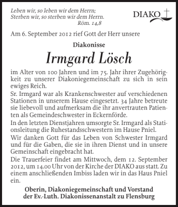 Traueranzeige von Irmgard Lösch von Flensburger Tageblatt